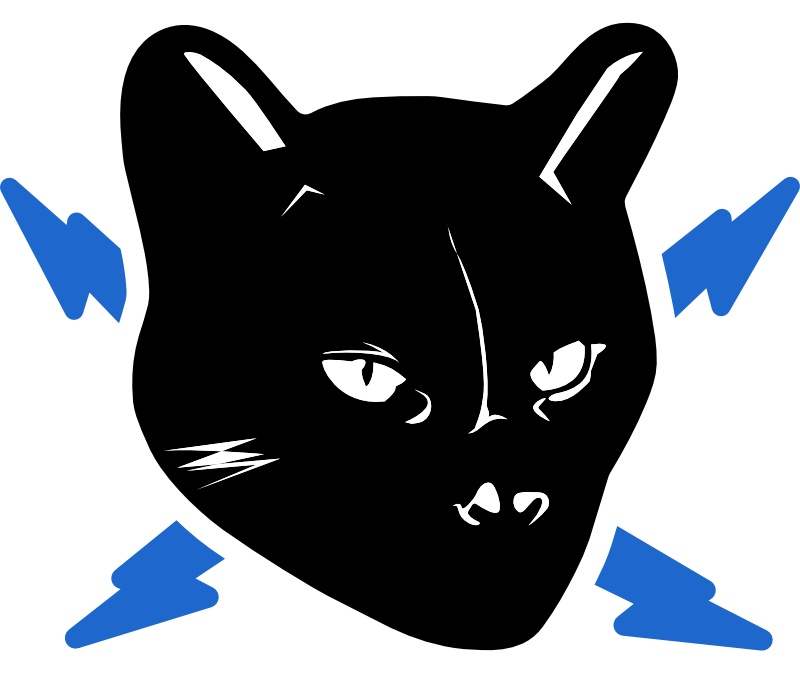 Steadfast Records Logo featuring a black cat's head with blue crossed lightening bolts behind
